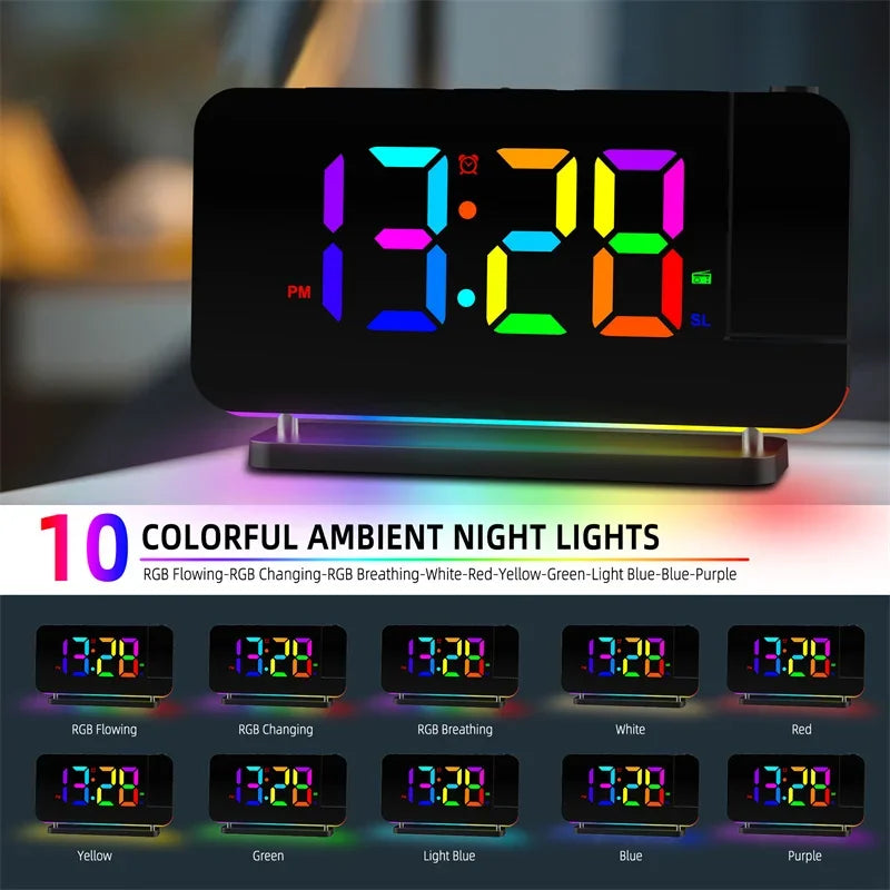FM Radio 180° Projection Alarm Clock RGB With RGB Night Light 6 Levels Brightness