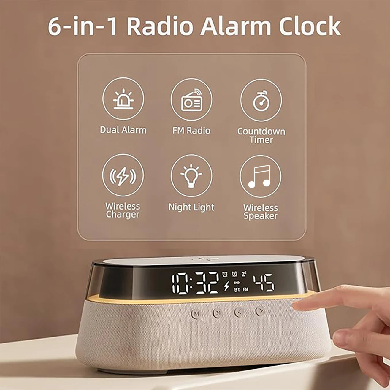 6-in-1 Smart Alarm Clock - 15W Wireless Charger, Bluetooth Speaker....