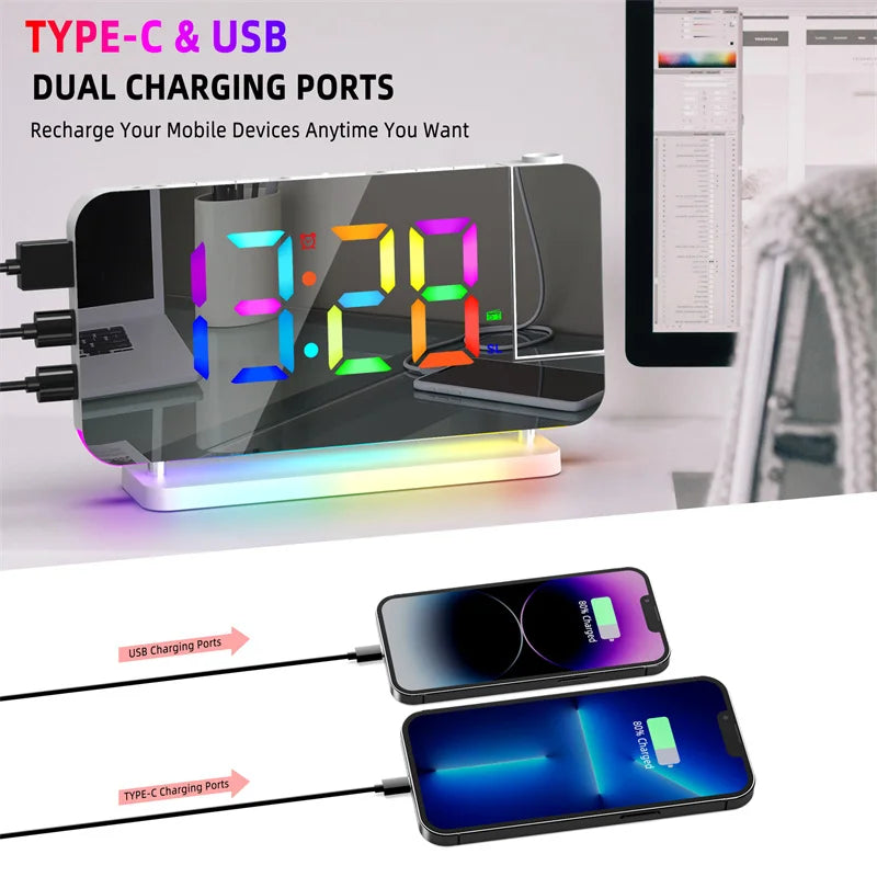 FM Radio 180° Projection Alarm Clock RGB With RGB Night Light 6 Levels Brightness
