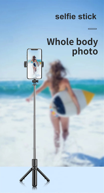 Trípode extensible 3 en 1 con Bluetooth, palo selfi con control remoto y luz de relleno portátil y plegable