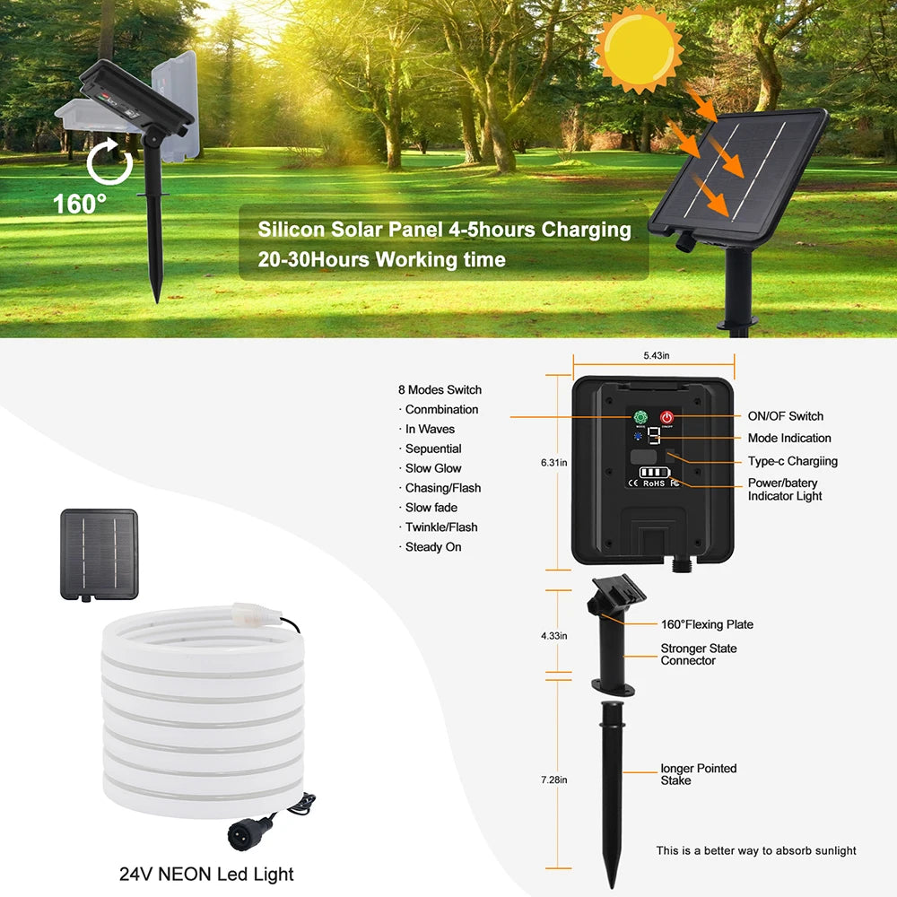 Solar LED Neon Strip Light 5m 10m DC 24V 120LED/m 2835 Flexible Lights 6x12mm Waterproofof