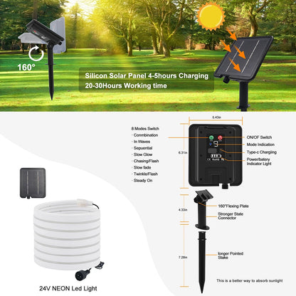 Solar LED Neon Strip Light 5m 10m DC 24V 120LED/m 2835 Flexible Lights 6x12mm Waterproofof