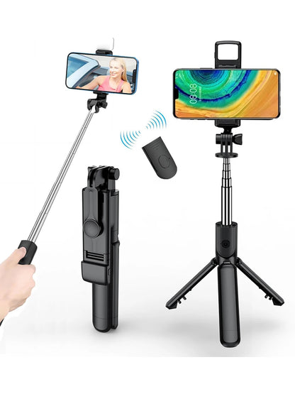 Trípode extensible 3 en 1 con Bluetooth, palo selfi con control remoto y luz de relleno portátil y plegable