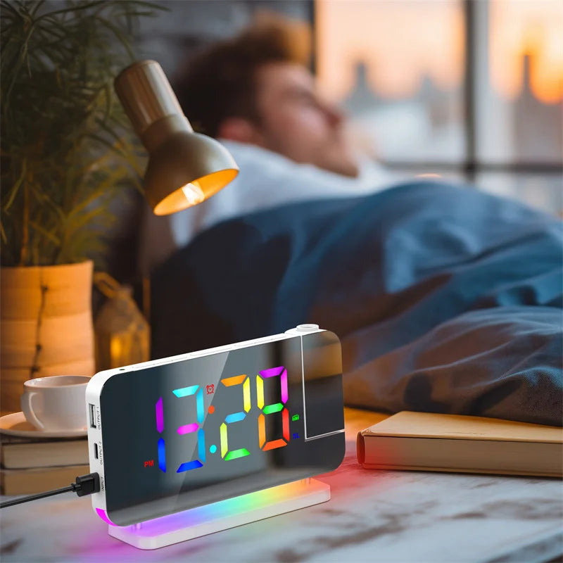 FM Radio 180° Projection Alarm Clock RGB With RGB Night Light 6 Levels Brightness