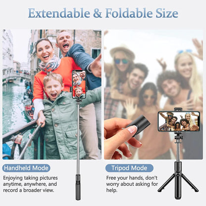 Trípode extensible 3 en 1 con Bluetooth, palo selfi con control remoto y luz de relleno portátil y plegable