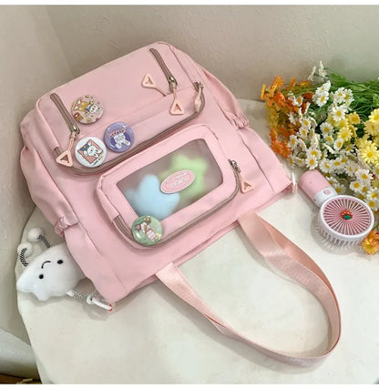 Mochila de camada transparente com vários bolsos e fecho, bolsa exterior grande