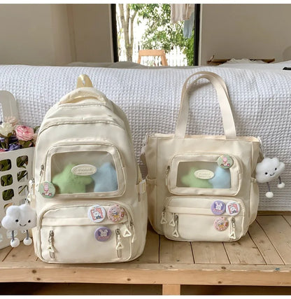 Mochila de camada transparente com vários bolsos e fecho, bolsa exterior grande