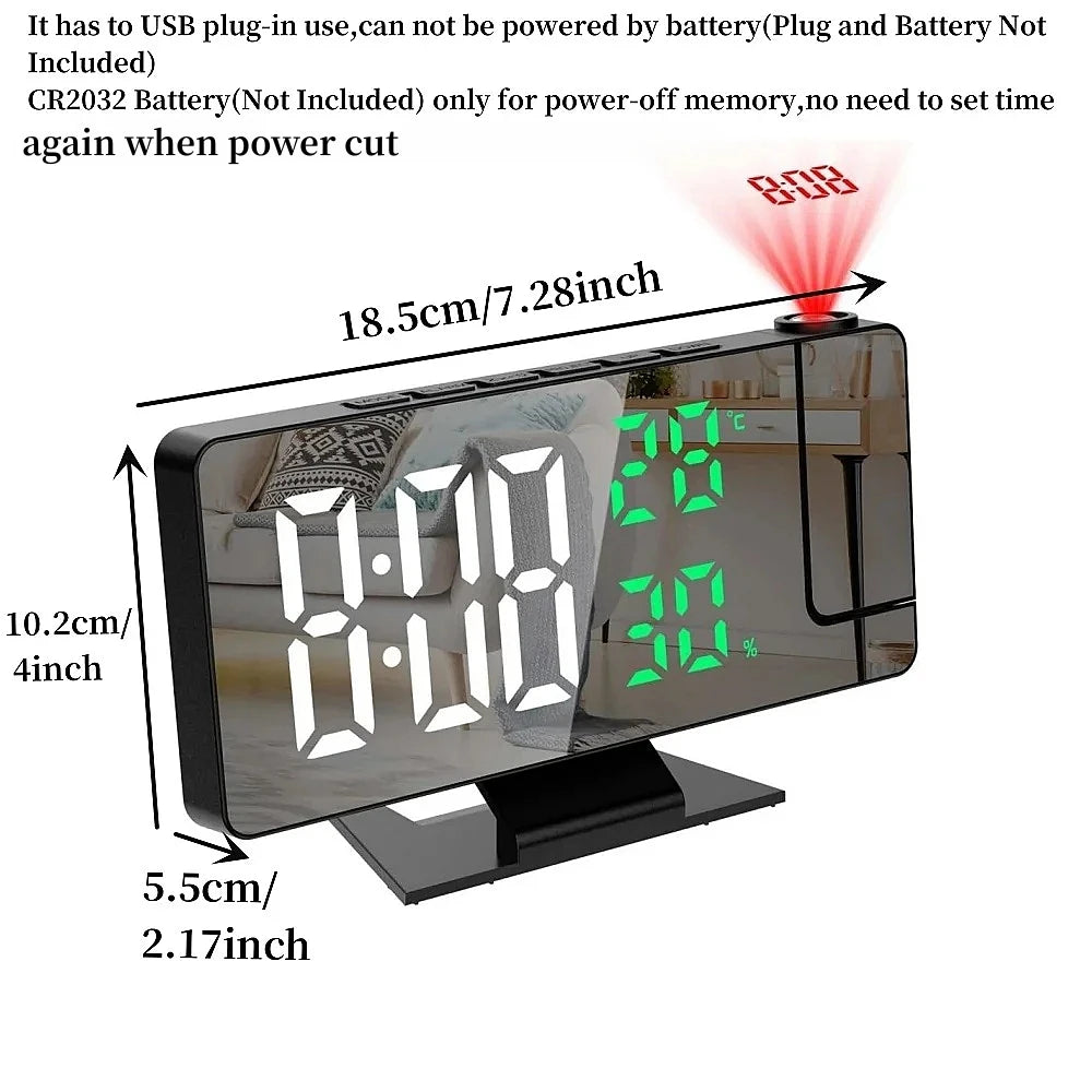 Reloj despertador digital con proyección de brazo de 180°, temperatura, humedad, modo nocturno, repetición de alarma 12/24 h 
