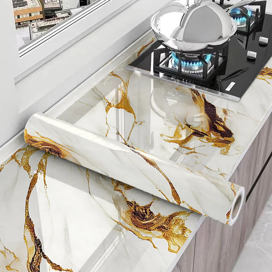 Papel de parede autocolante com estampa de mármore para cozinha, resistente à água e ao óleo.