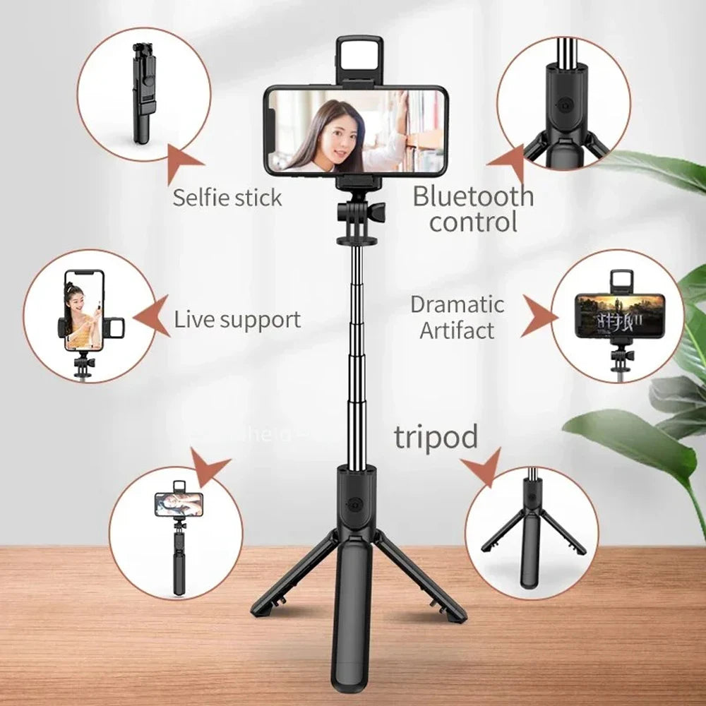 Trípode extensible 3 en 1 con Bluetooth, palo selfi con control remoto y luz de relleno portátil y plegable