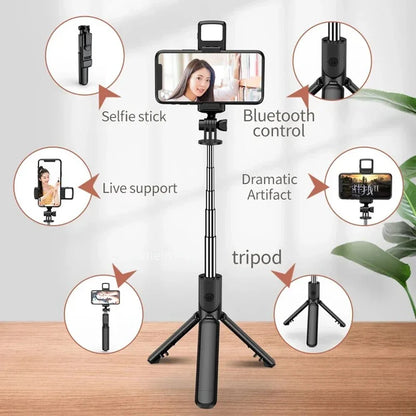 Trípode extensible 3 en 1 con Bluetooth, palo selfi con control remoto y luz de relleno portátil y plegable