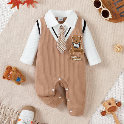 Baby boy Small Gentleman Jumpsuit Cartoon Teddy Bear Long sleeves Jumpsuit