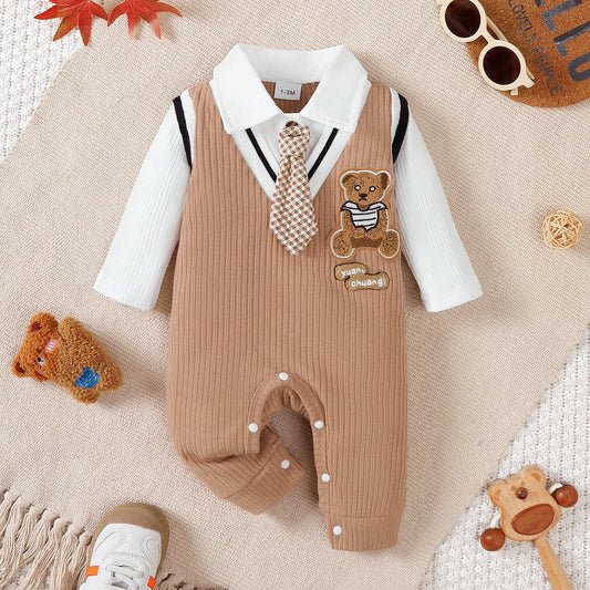 Baby boy Small Gentleman Jumpsuit Cartoon Teddy Bear Long sleeves Jumpsuit