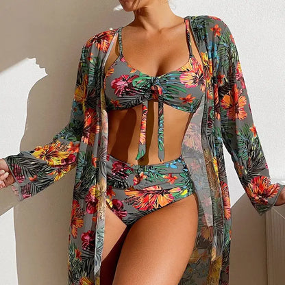 3-Piece Floral Bikini Set with Mesh Cover-Up