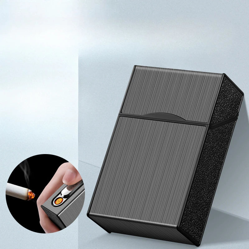 Estuche de cigarrillos 2 en 1, 20 cigarrillos, recargable por USB, electrónico, portátil, a prueba de viento