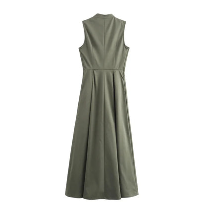 TRAF Vestido comprido com fecho para mulher plissado sem mangas