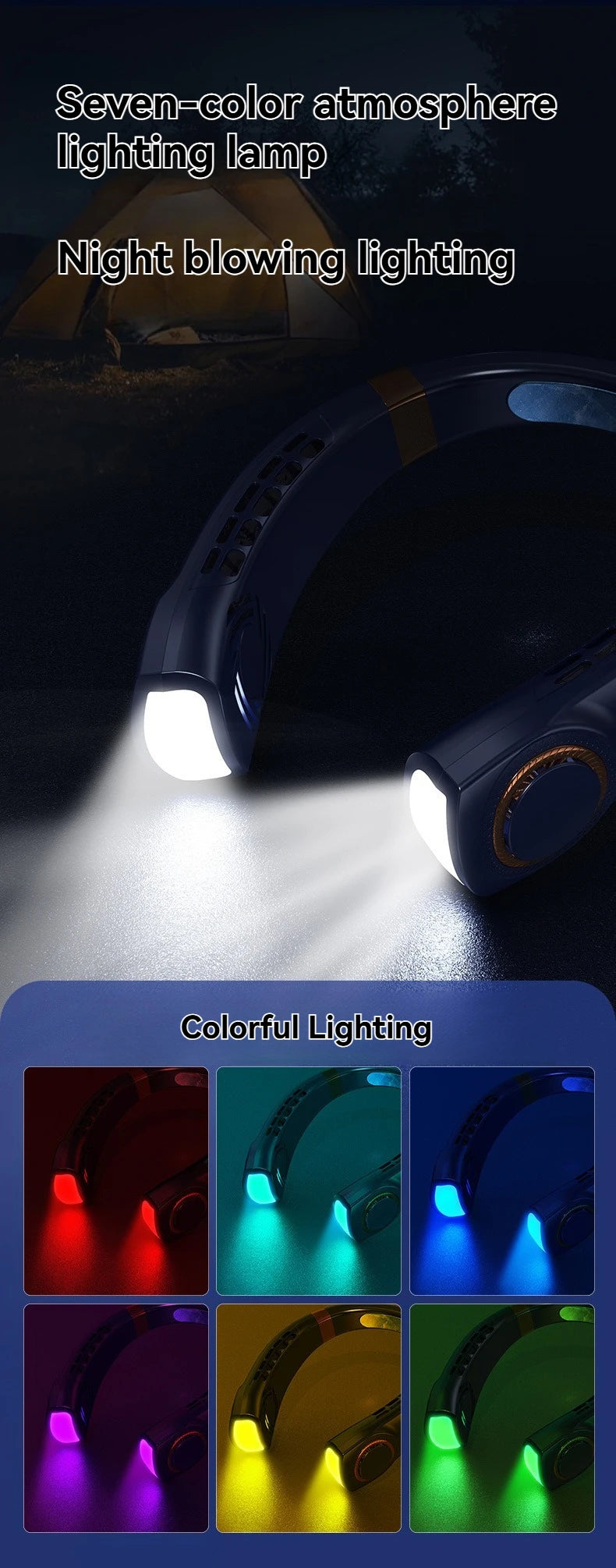 Portable Ice-Cooling Fan with LED Light, Silent Bladeless Halterneck Design