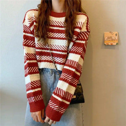 Red Striped Sweater Christmas New Year Woman Top All-match Fashion