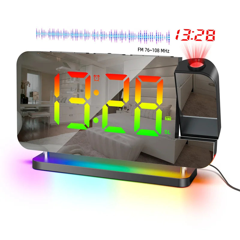 FM Radio 180° Projection Alarm Clock RGB With RGB Night Light 6 Levels Brightness