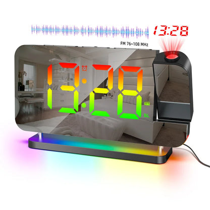 FM Radio 180° Projection Alarm Clock RGB With RGB Night Light 6 Levels Brightness