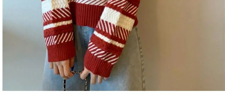 Red Striped Sweater Christmas New Year Woman Top All-match Fashion