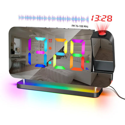 FM Radio 180° Projection Alarm Clock RGB With RGB Night Light 6 Levels Brightness