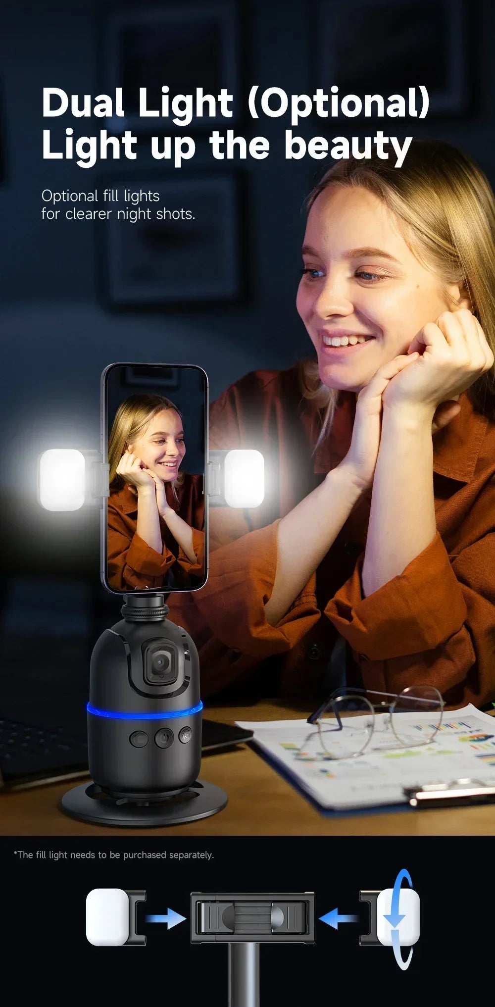 VIKEFON Estabilizador de cardán con seguimiento facial automático inteligente 360° Trípode con palo selfi