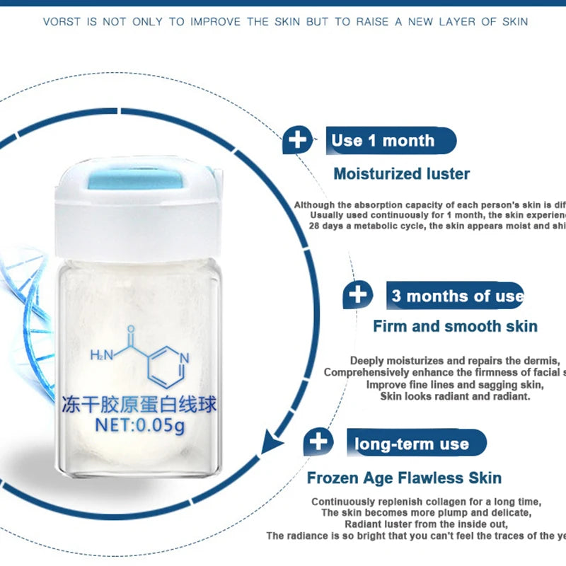 Sérum facial coreano com colagénio hidrolisado em forma de fios, hidratante, lifting e refirmante, para o cuidado da pele e redução de linhas finas.