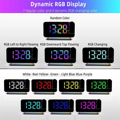 FM Radio 180° Projection Alarm Clock RGB With RGB Night Light 6 Levels Brightness