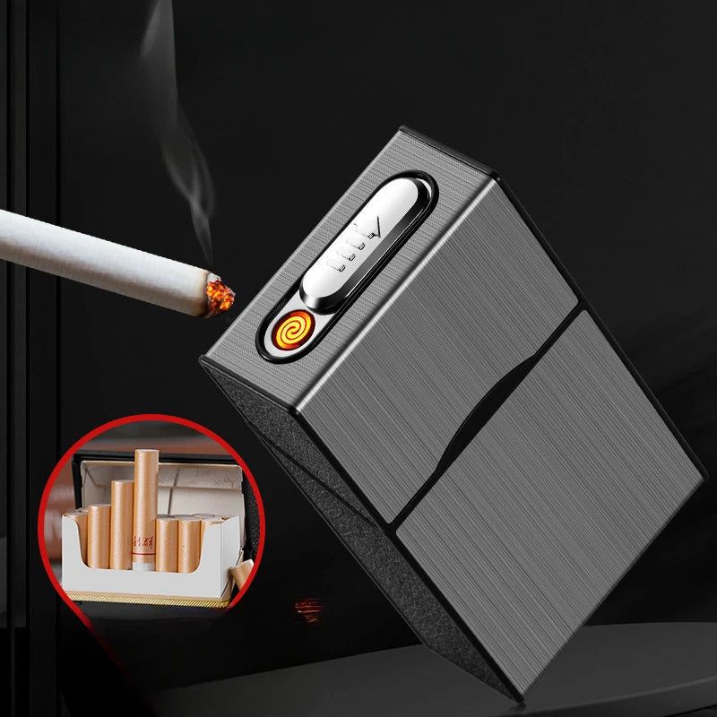 Estuche de cigarrillos 2 en 1, 20 cigarrillos, recargable por USB, electrónico, portátil, a prueba de viento