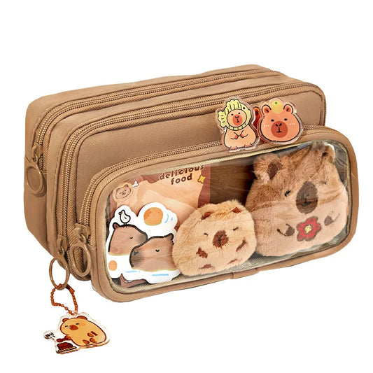 Cabybara Pencil Bag Holder Case Brown Transparent PVC Cover