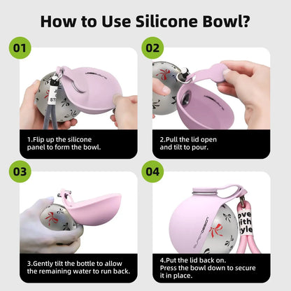 Pet Portable 285ML Water Bottle 304 Stainless Steel Foldable Basin Food-Grade Silicone Blue Pink Outdoor Pet Drinking Solution
