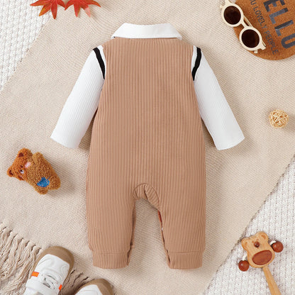 Baby boy Small Gentleman Jumpsuit Cartoon Teddy Bear Long sleeves Jumpsuit
