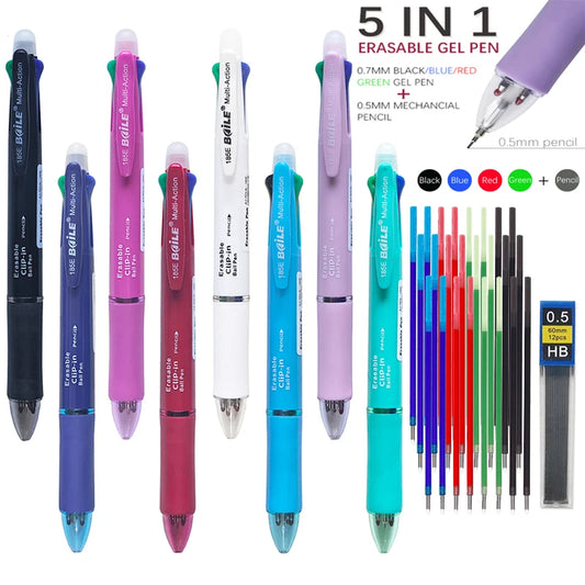 5 In 1 Multicolor Erasable Gel Pen with 4 Colors Replaceable Pen Refill