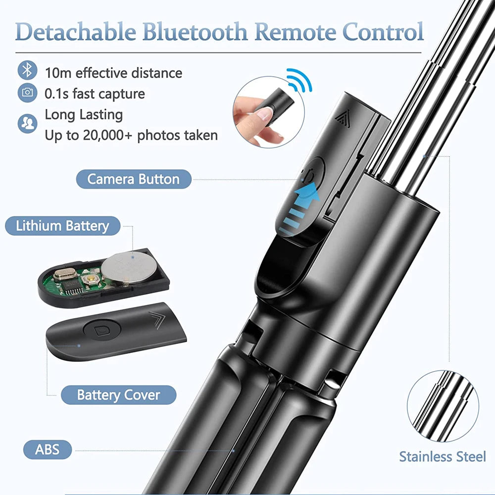 Trípode extensible 3 en 1 con Bluetooth, palo selfi con control remoto y luz de relleno portátil y plegable