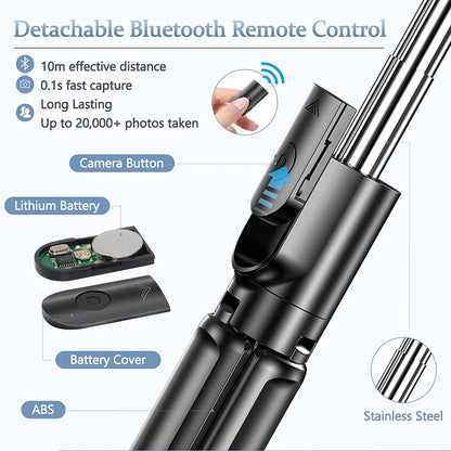 Trípode extensible 3 en 1 con Bluetooth, palo selfi con control remoto y luz de relleno portátil y plegable