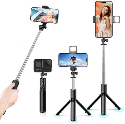 Trípode extensible 3 en 1 con Bluetooth, palo selfi con control remoto y luz de relleno portátil y plegable