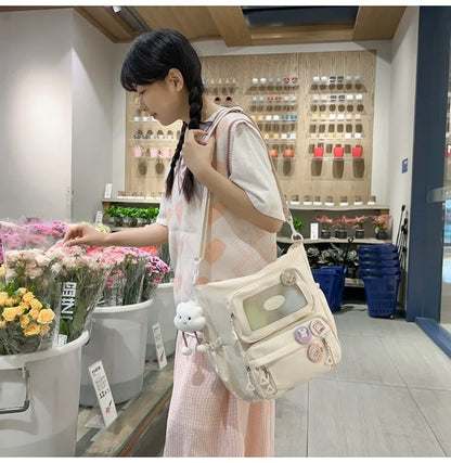 Mochila de camada transparente com vários bolsos e fecho, bolsa exterior grande