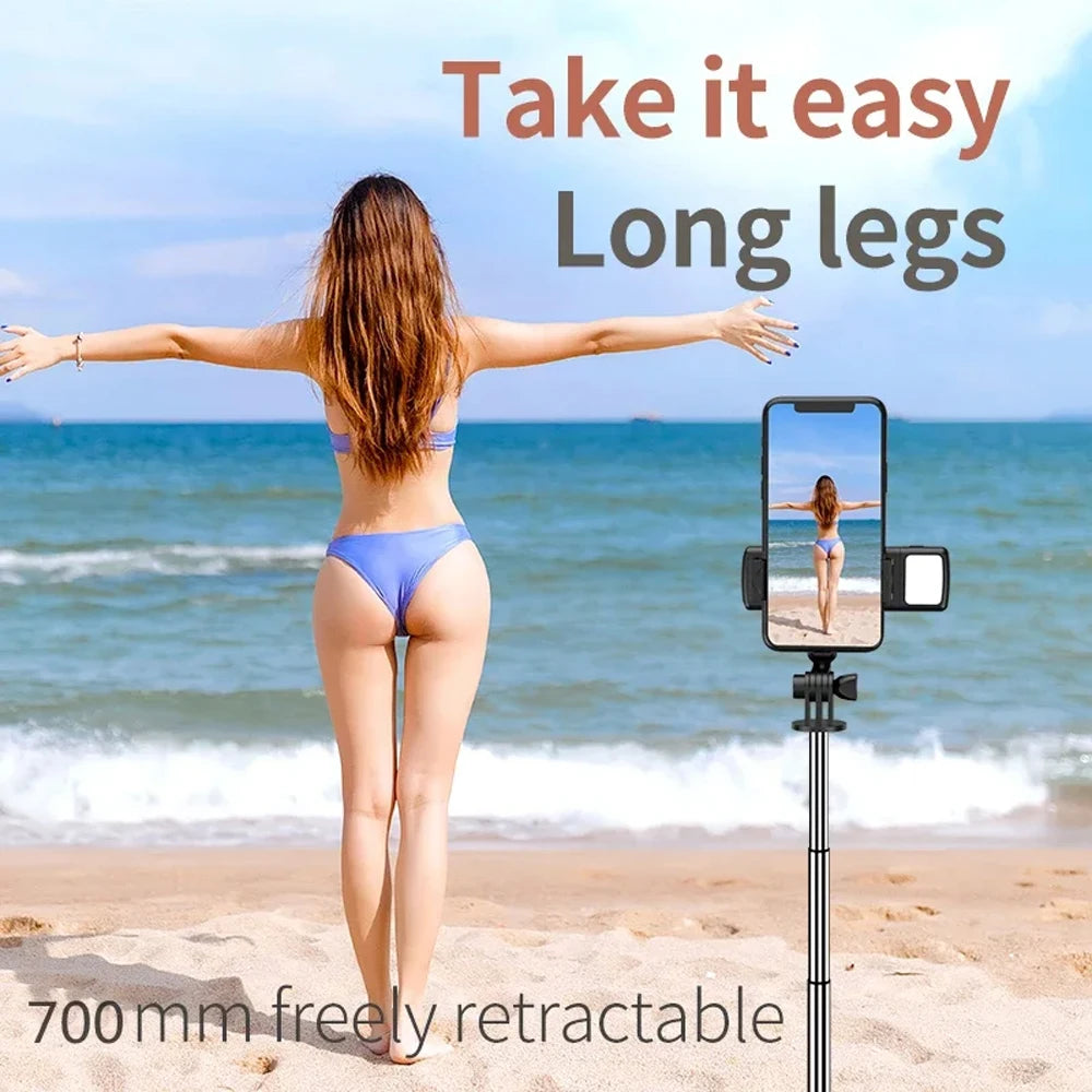 Trípode extensible 3 en 1 con Bluetooth, palo selfi con control remoto y luz de relleno portátil y plegable