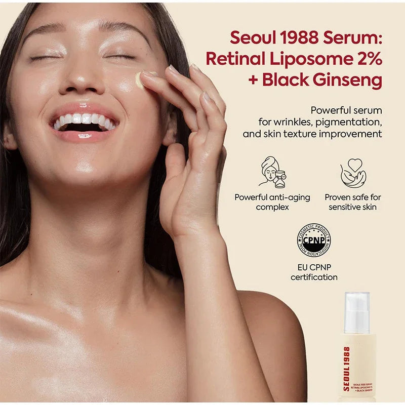 Sérum facial coreano de retinol de 1988, com ginseng preto, niacinamida e vitamina C.