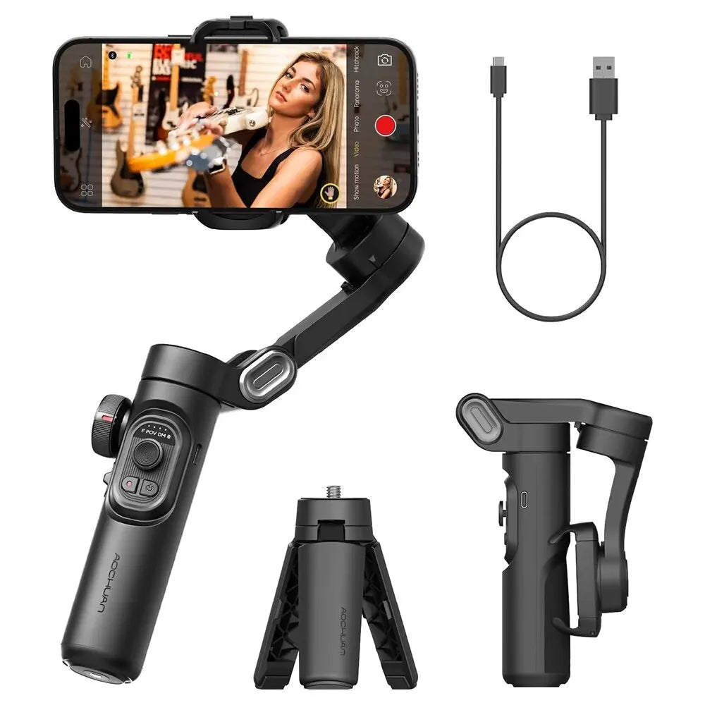 Estabilizador de cardán de mano de 3 ejes AOCHUAN SmartXE para teléfonos inteligentes para iPhone, Android, seguimiento facial con IA, TikTok, Vlog