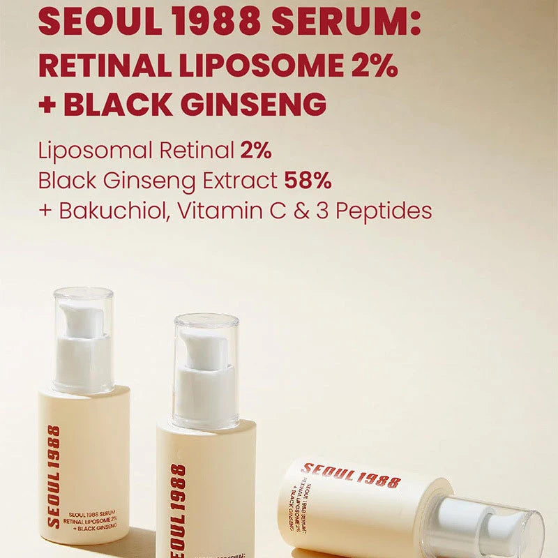 Sérum facial coreano de retinol de 1988, com ginseng preto, niacinamida e vitamina C.