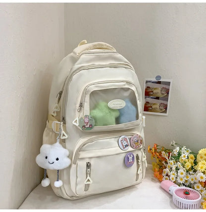 Mochila de camada transparente com vários bolsos e fecho, bolsa exterior grande