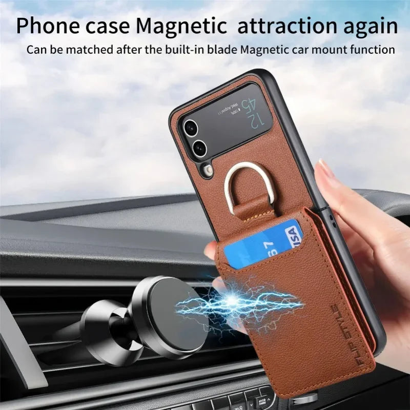 multifunction Card Slot Lychee leather Phone Case for Samsung Z Flip 6 5 4 3
