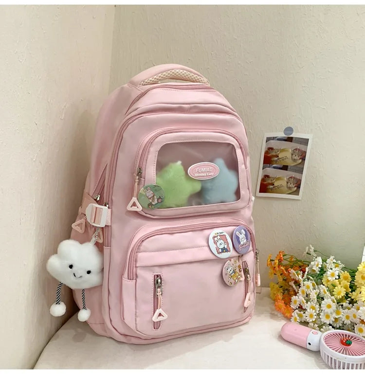 Mochila de camada transparente com vários bolsos e fecho, bolsa exterior grande
