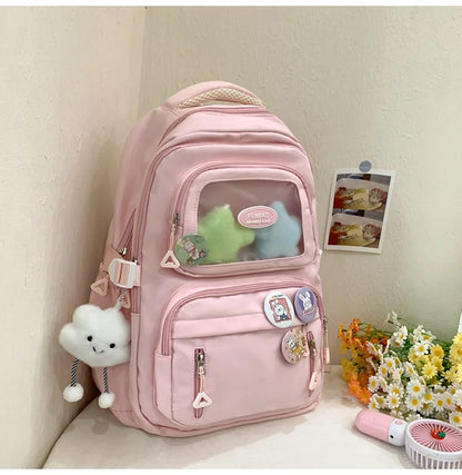 Mochila de camada transparente com vários bolsos e fecho, bolsa exterior grande