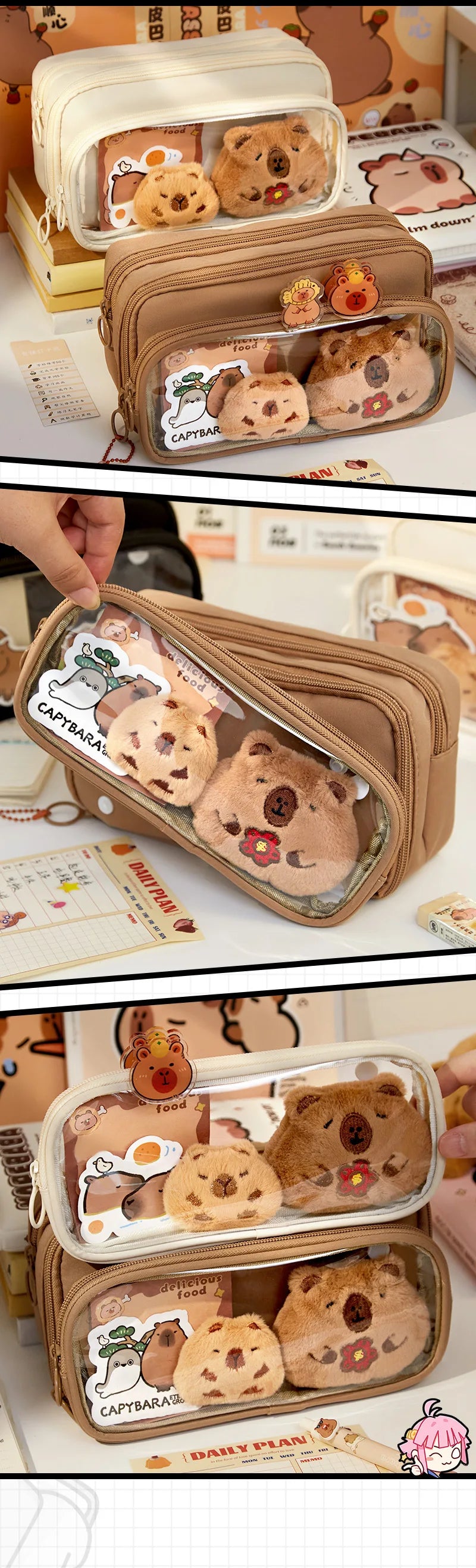 Cabybara Pencil Bag Holder Case Brown Transparent PVC Cover