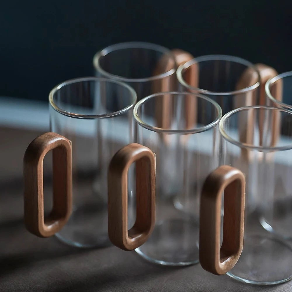 Juego de 2/4/6 tazas de vidrio con mango de madera, resistentes al calor, transparentes