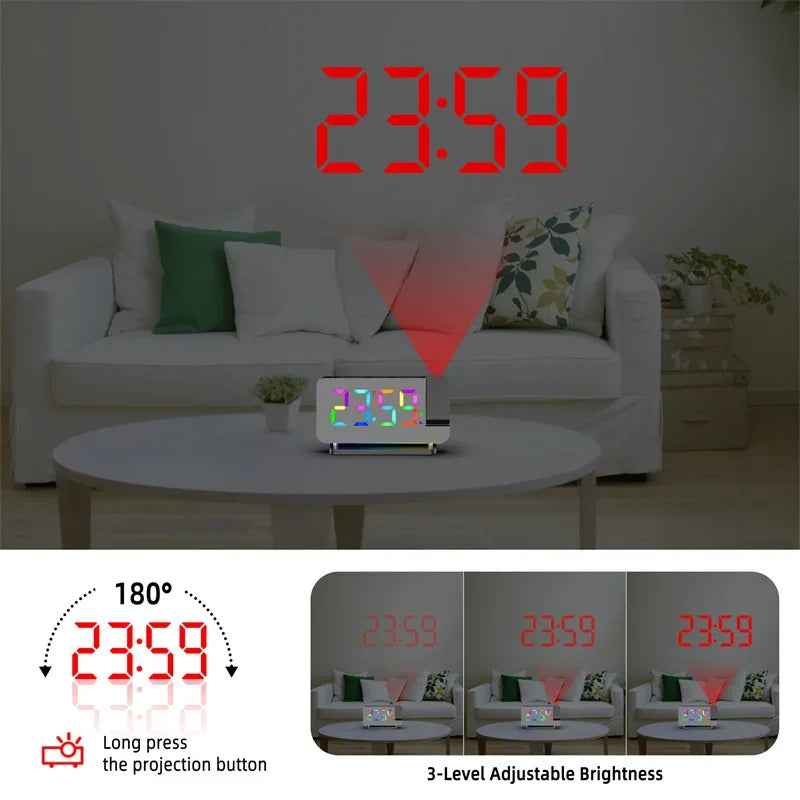 FM Radio 180° Projection Alarm Clock RGB With RGB Night Light 6 Levels Brightness