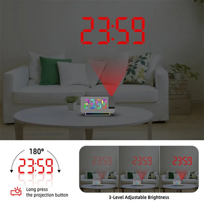 FM Radio 180° Projection Alarm Clock RGB With RGB Night Light 6 Levels Brightness